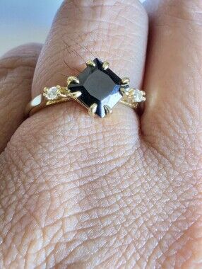 Black Emerald Cut Stone Ring Gold Plated Statement Cocktail Ring Size 9